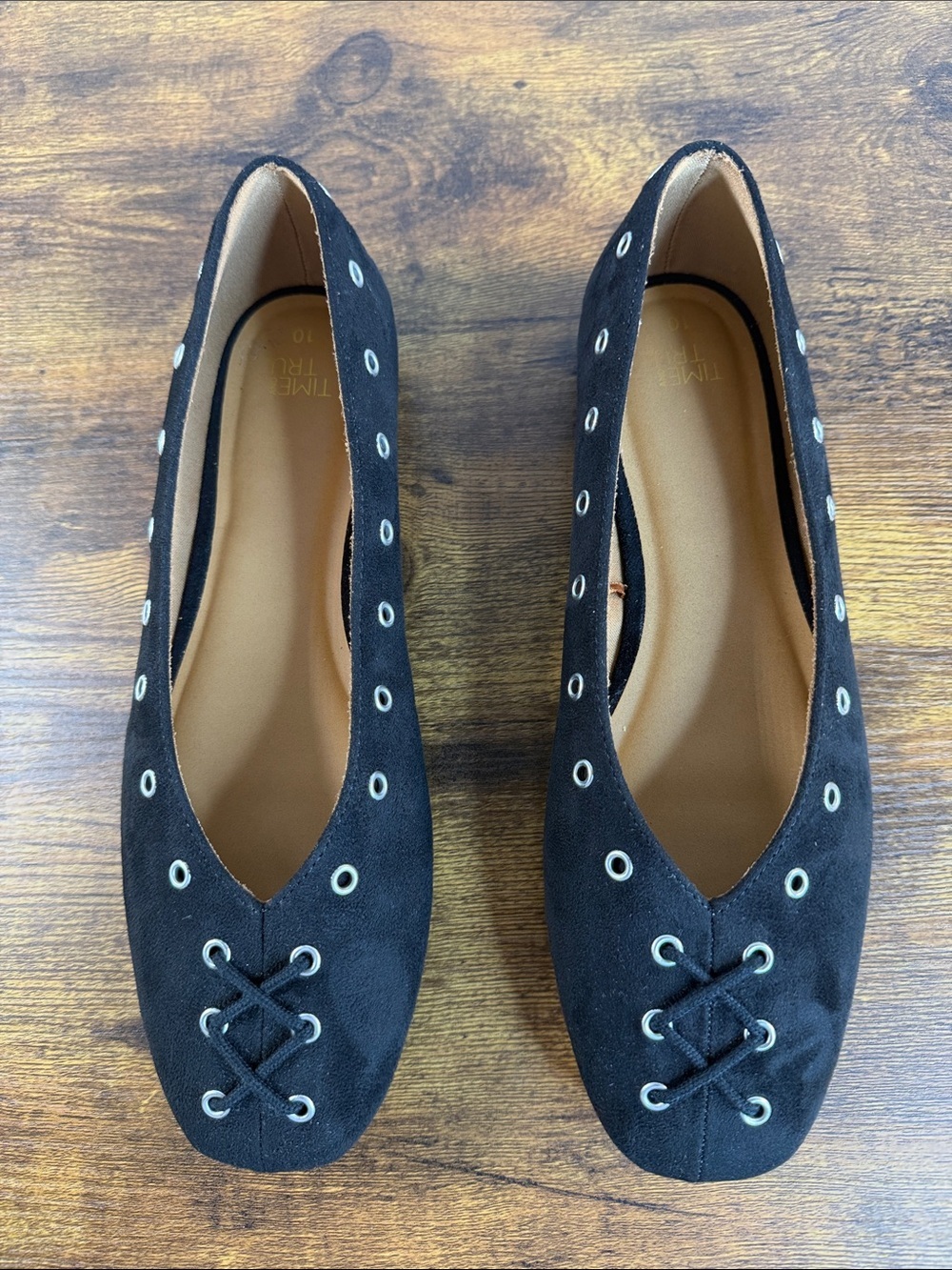 Black Suede Lace-Detail Women’s Flats, Size 10